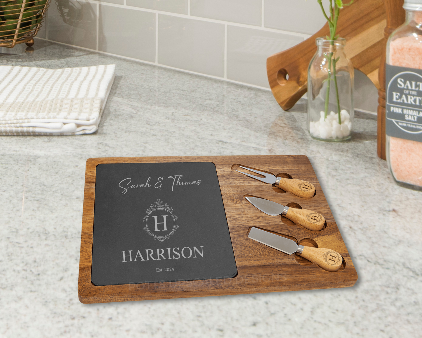 Acacia Wood and Slate Charcuterie Board with Utensils, Personalized Wedding or Housewarming Gift, Cheese Serving Board