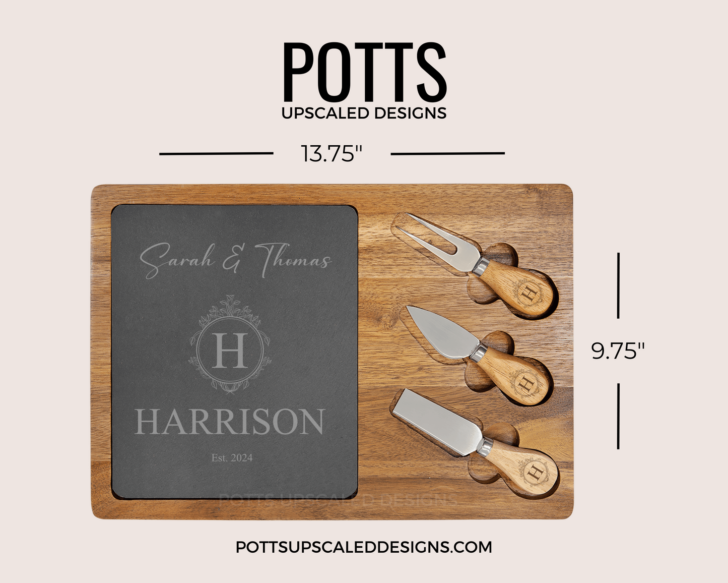 Acacia Wood and Slate Charcuterie Board with Utensils, Personalized Wedding or Housewarming Gift, Cheese Serving Board