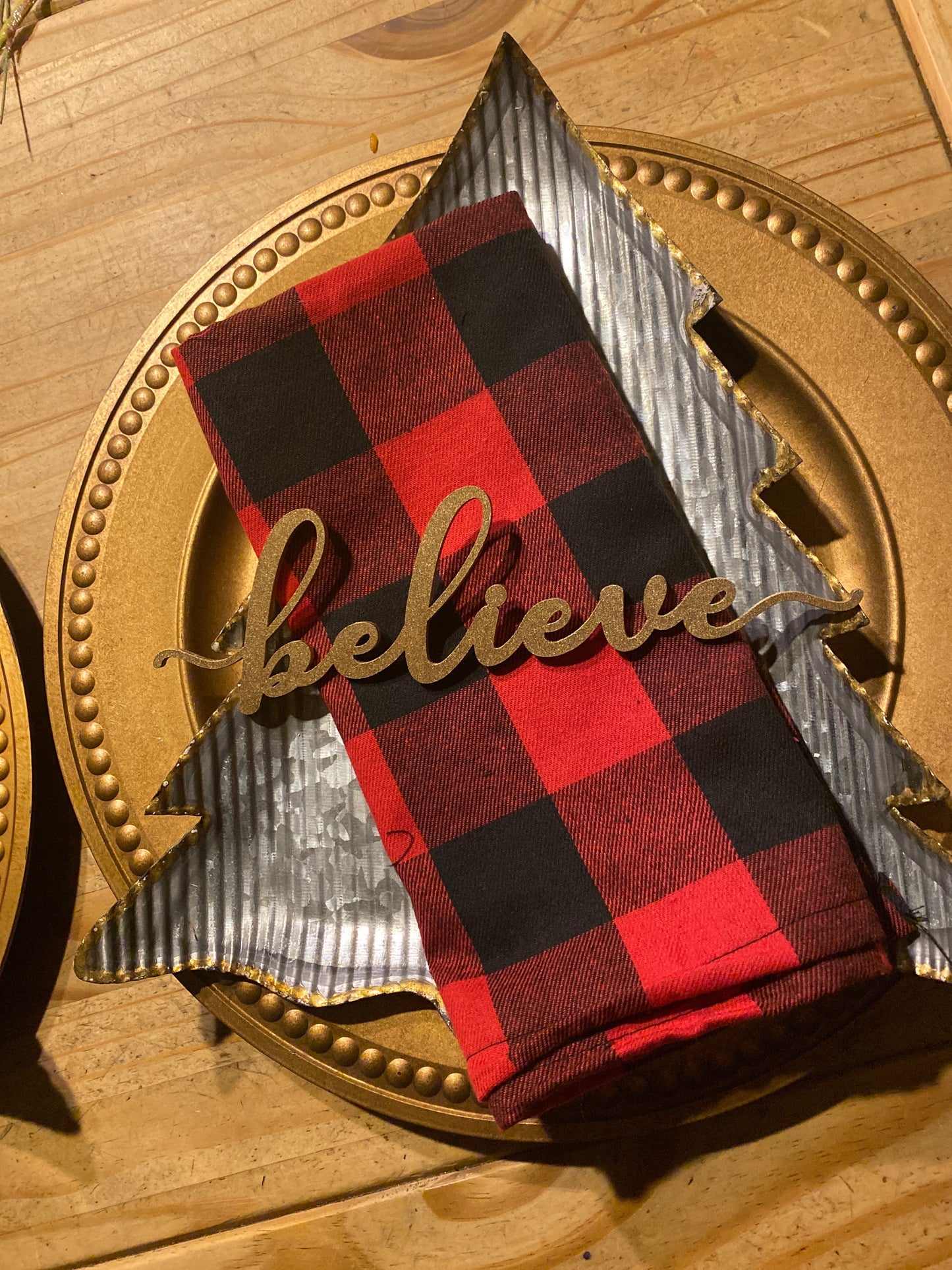 Buffalo Check, Gold Believe, Gold Plate Charger, Christmas Place Setting, Dinner Party, Table Decor