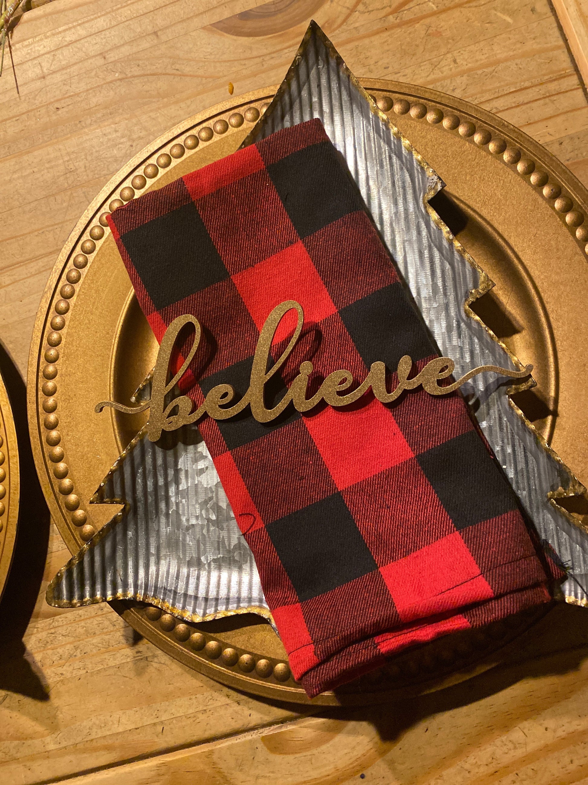 Buffalo Check, Gold Believe, Gold Plate Charger, Christmas Place Setting, Dinner Party, Table Decor