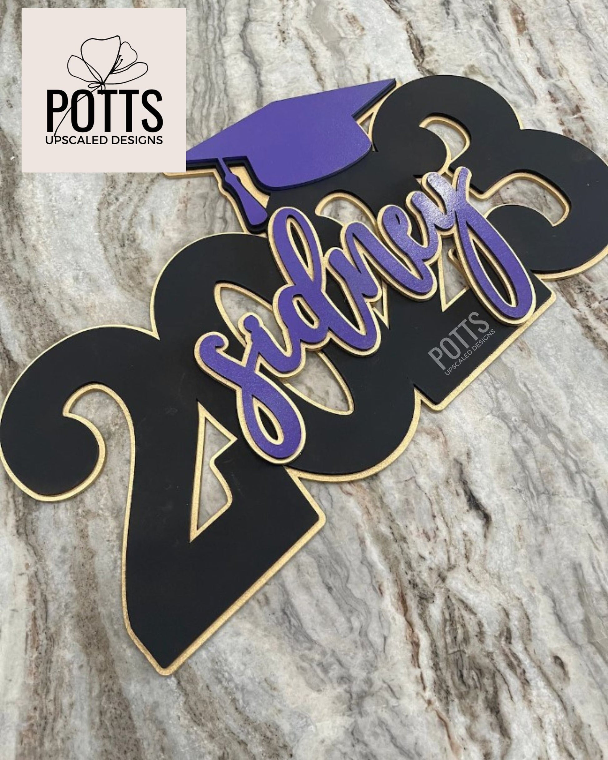 personalized grad sign, graduation party decor, purple black gold school colors, senior portraits sign