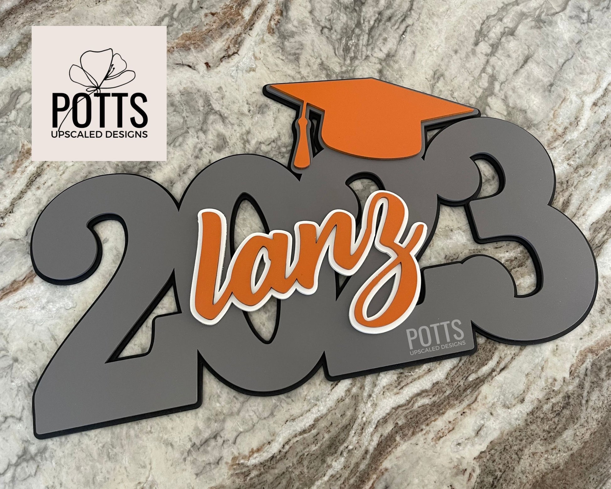 personalized name graduation sign, grad party decor, senior pics, gray and orange school colors