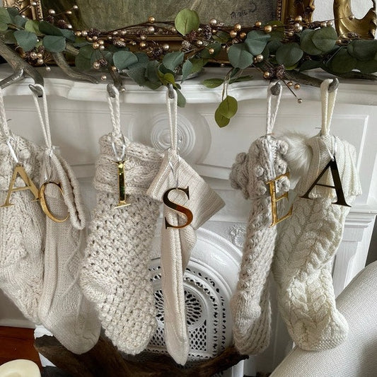 White stockings, crocheted stocking, knitted stockings, gold ornaments, gold mirror stocking letters, personalized christmas stockings