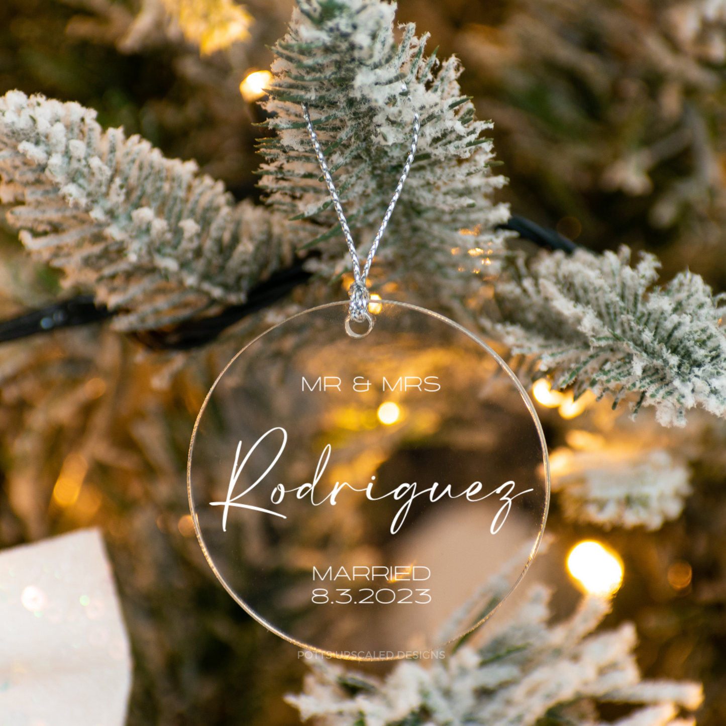 Mr and Mrs newlywed couple just married clear acrylic ornament engraved by Potts Upscaled Designs LLC