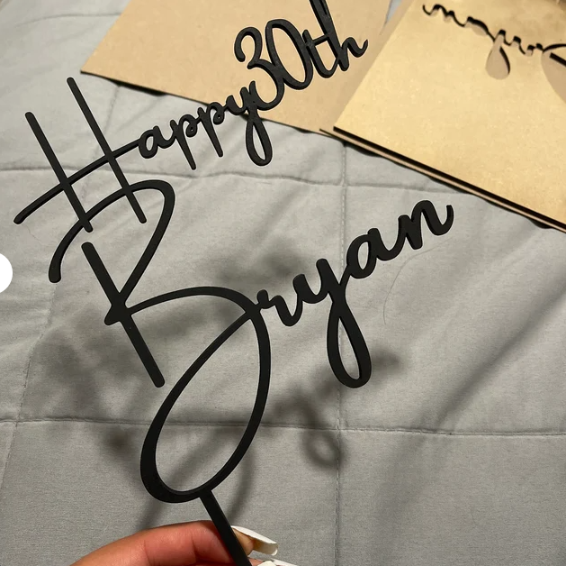 Personalized Happy Birthday Cake Topper | Custom Name & Year | Handwritten Cursive Font | Wood & Acrylic Options | Glitter, Metallic & Mirror Finishes | Bestseller