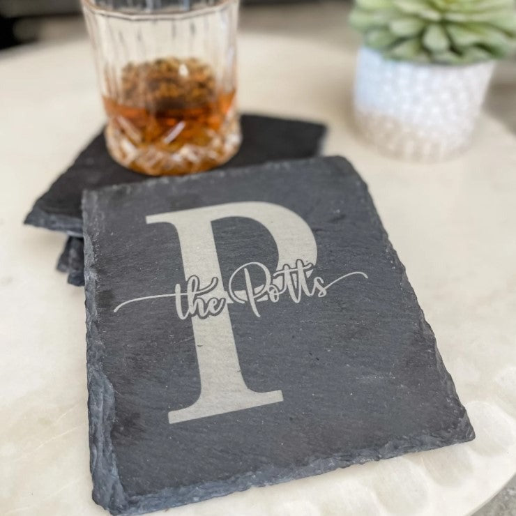 Slate stone coaster engraved with last family name by Potts Upscaled Designs LLC for gifts for him gifts for couple