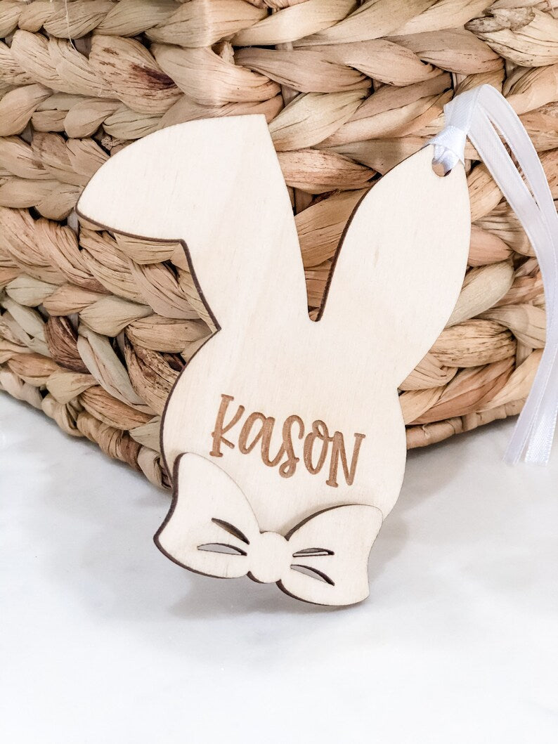 Boy or Girl Easter Bunny Name Tag - Engraved Birch Wood