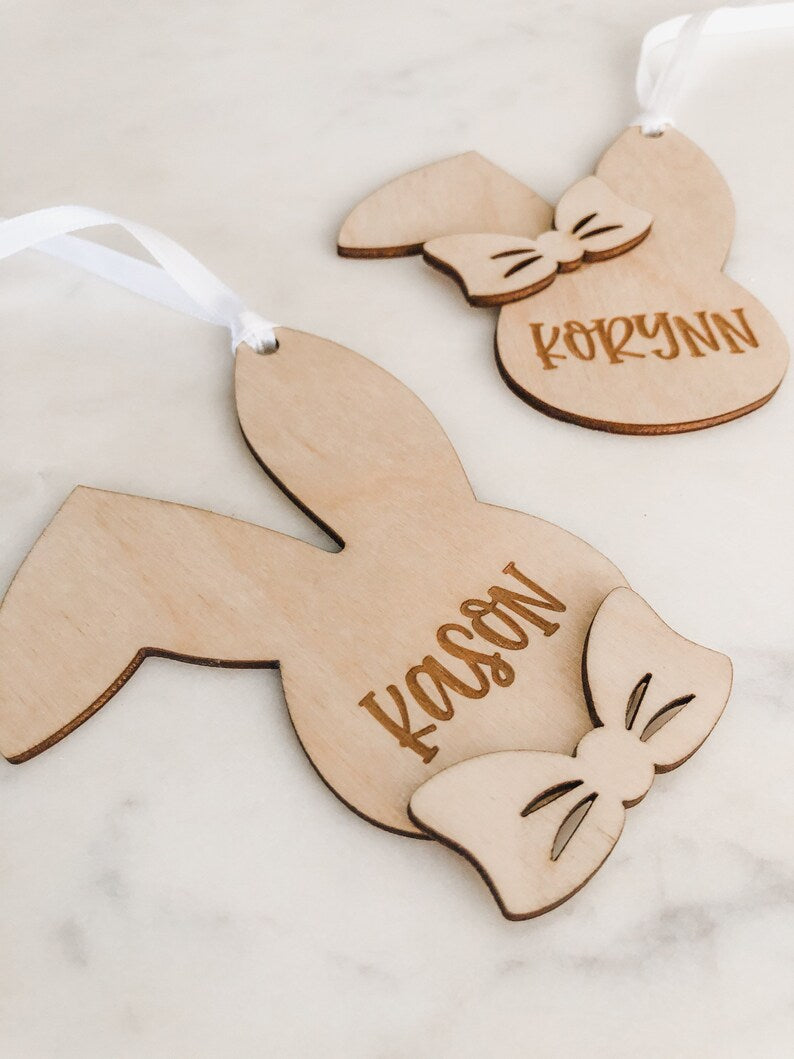 Boy or Girl Easter Bunny Name Tag - Engraved Birch Wood