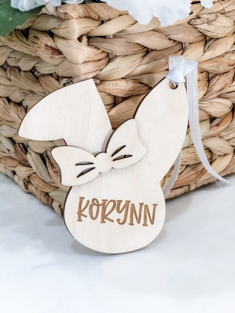 Boy or Girl Easter Bunny Name Tag - Engraved Birch Wood