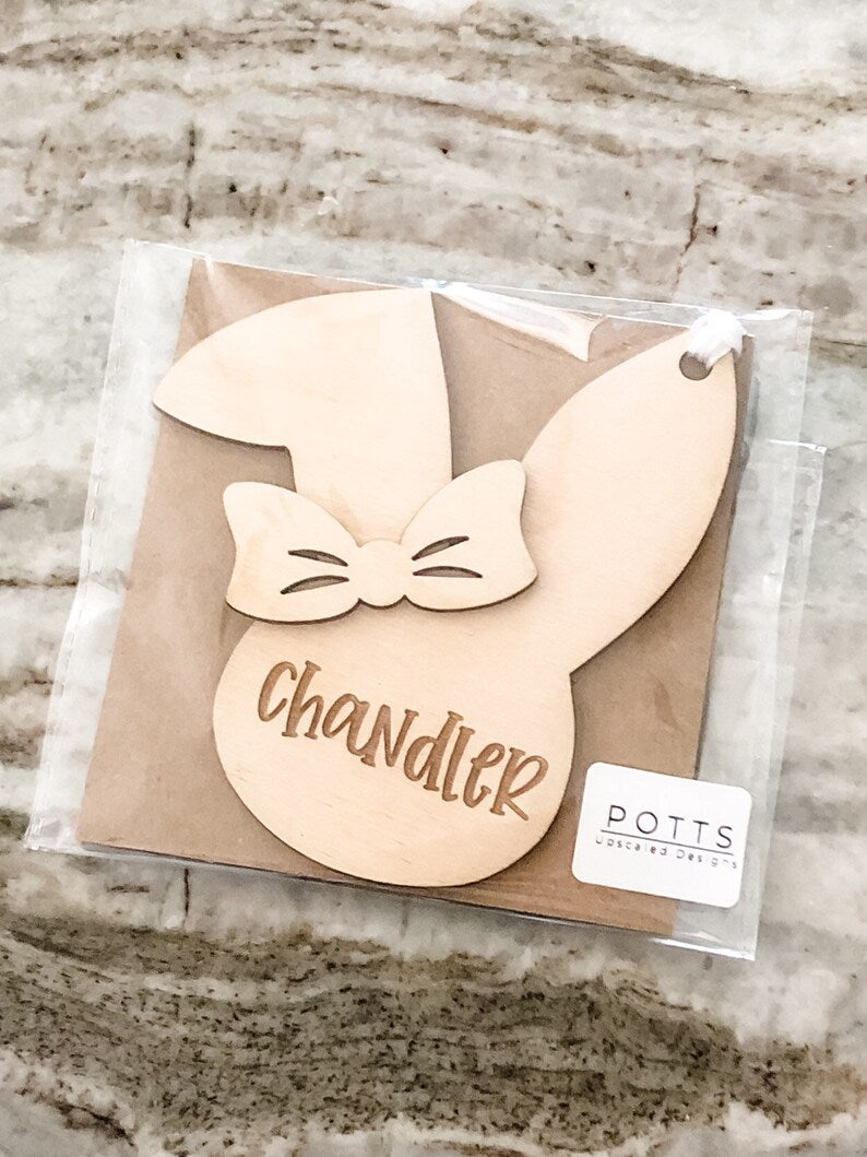 Boy or Girl Easter Bunny Name Tag - Engraved Birch Wood
