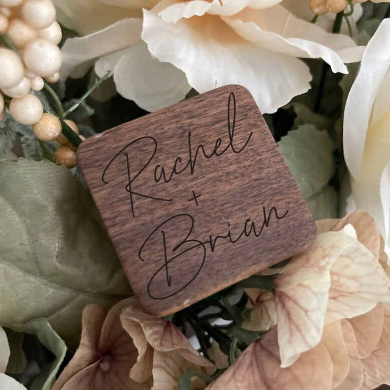 Personalized Wedding Ring Box in wood engraved with the couples name for ring bearer