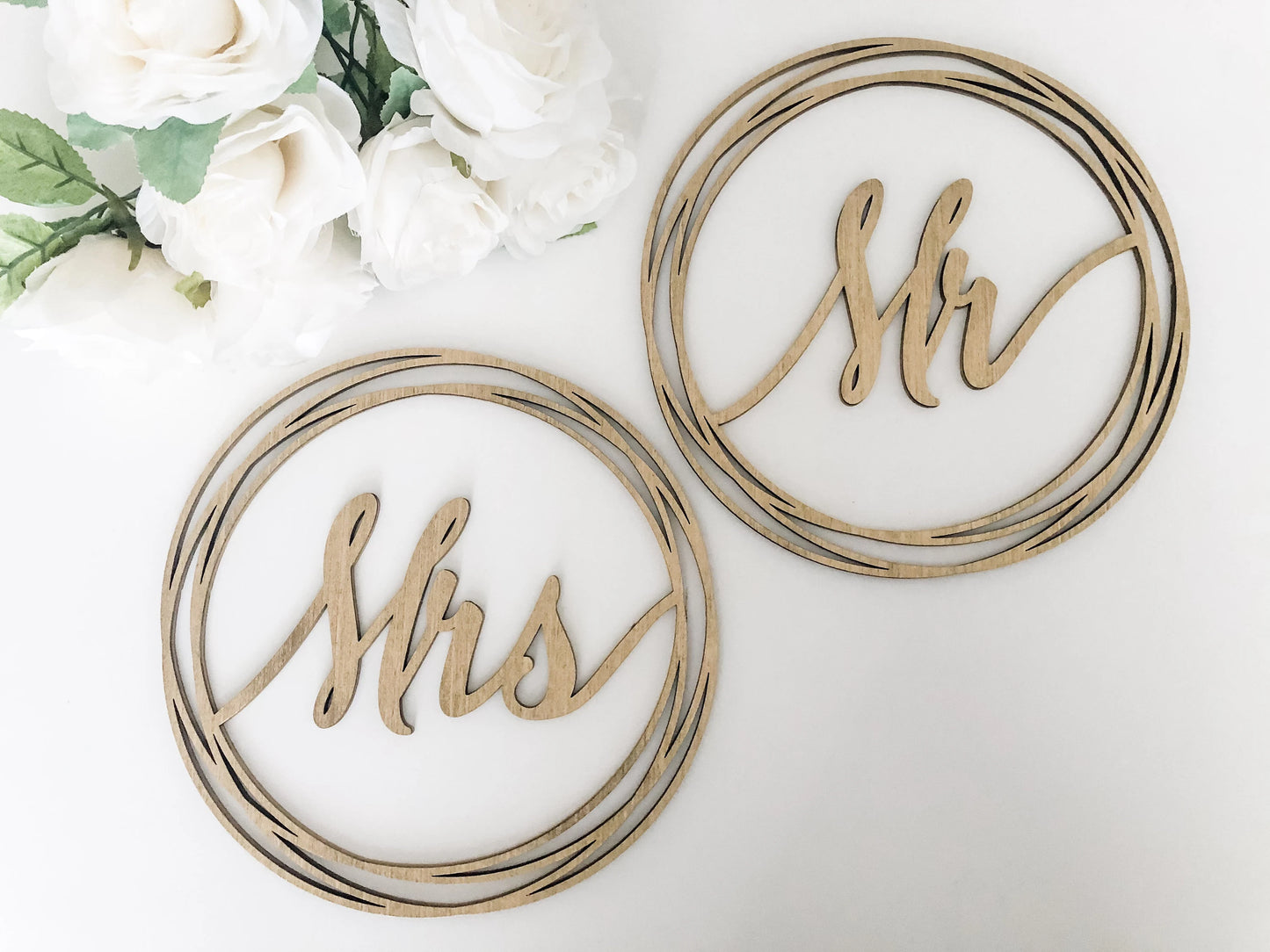 Wedding Chair Signs for the Bride and Groom Head Table - Round Swirl