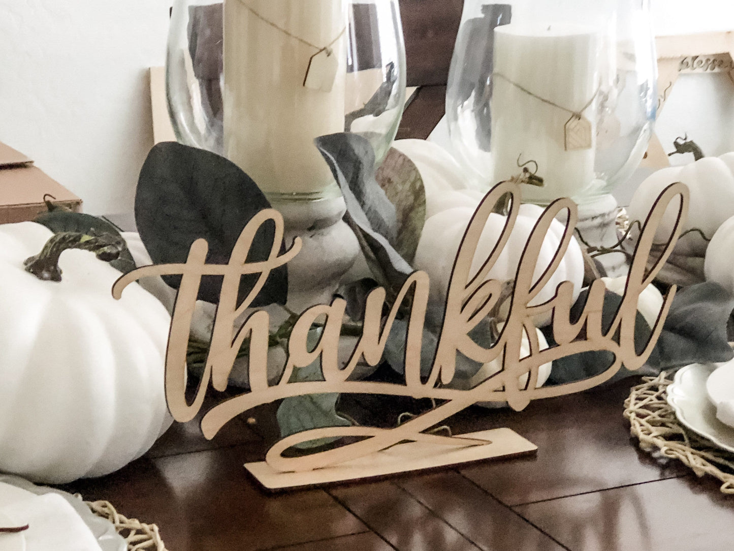 Thankful Sign with Stand, Thanksgiving Decor, Fall Mantel Centerpiece, Shelf Autumn Decoration, Grateful Blessed Gather, Cursive Word