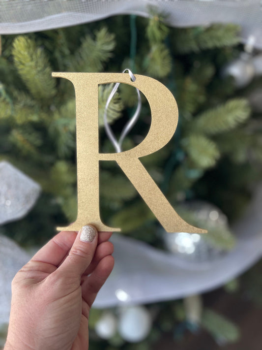Large 6" Christmas Ornament, Letter Ornament, Gold Glitter, Last Name Initial, Holiday Decor, Silver Sparkle, Stocking Gift Tag, Wood