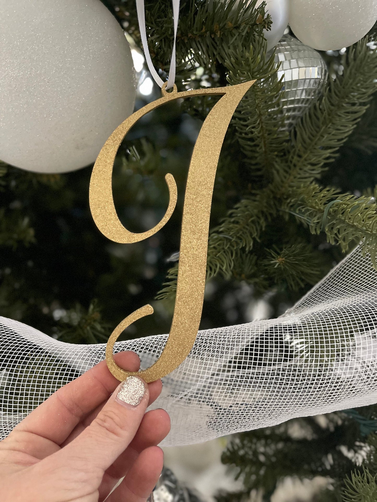 Large 6" Christmas Ornament, Letter Ornament, Gold Glitter, Last Name Initial, Holiday Decor, Silver Sparkle, Stocking Gift Tag, Wood