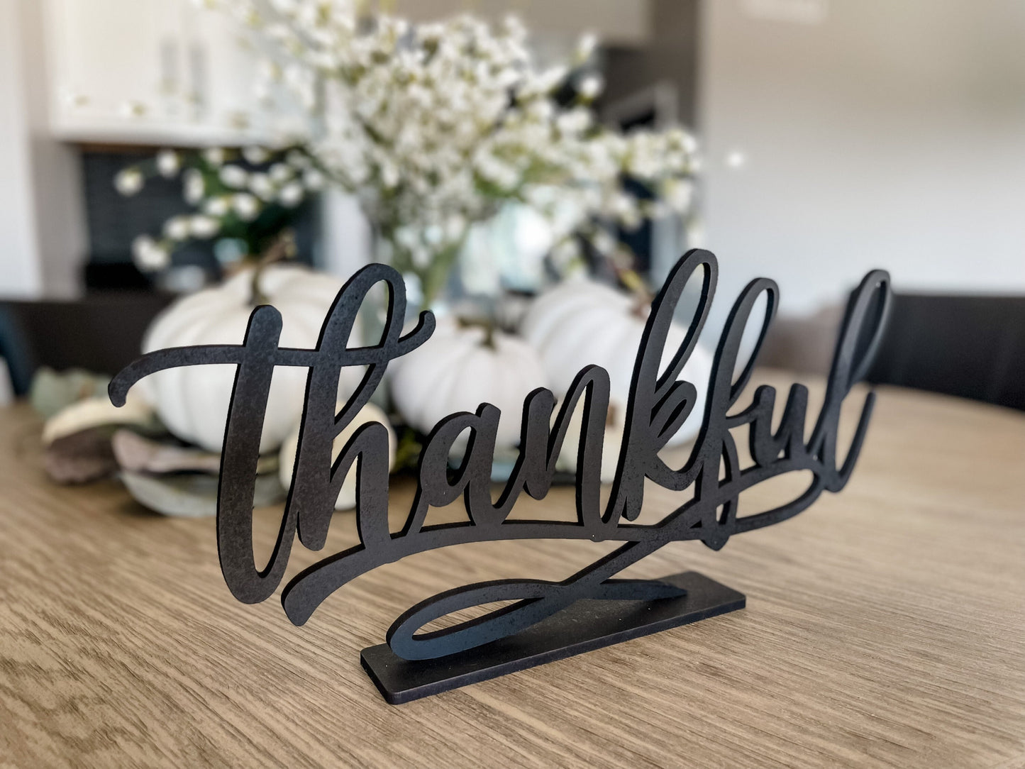Thankful Sign with Stand, Thanksgiving Decor, Fall Mantel Centerpiece, Shelf Autumn Decoration, Grateful Blessed Gather, Cursive Word