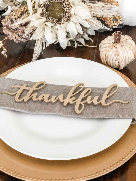 Thanksgiving Place Cards, Fall Table Decor, Thankful Word Plates, Holiday Place Setting, Gold Thankful Sign, Blessed Grateful Gather