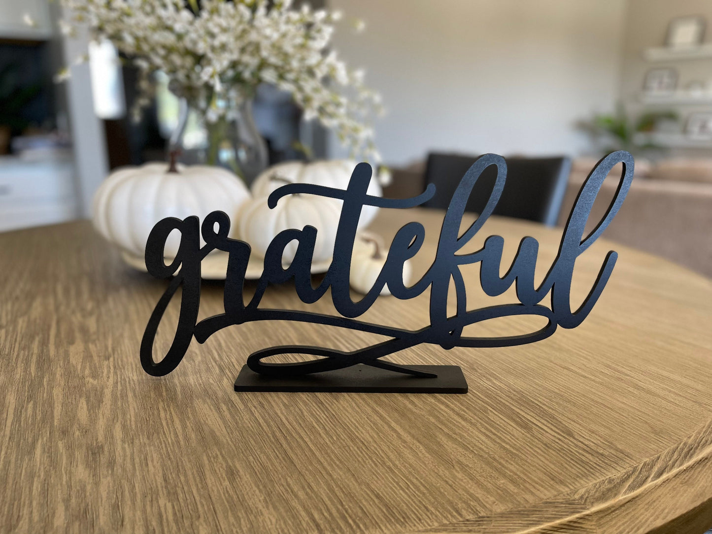 Thankful Sign with Stand, Thanksgiving Decor, Fall Mantel Centerpiece, Shelf Autumn Decoration, Grateful Blessed Gather, Cursive Word