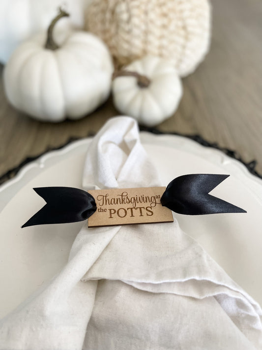 Thanksgiving Napkin Tags, Engraved with your Personalized Name, Fall Table Decor for Dinner Party and Entertaining