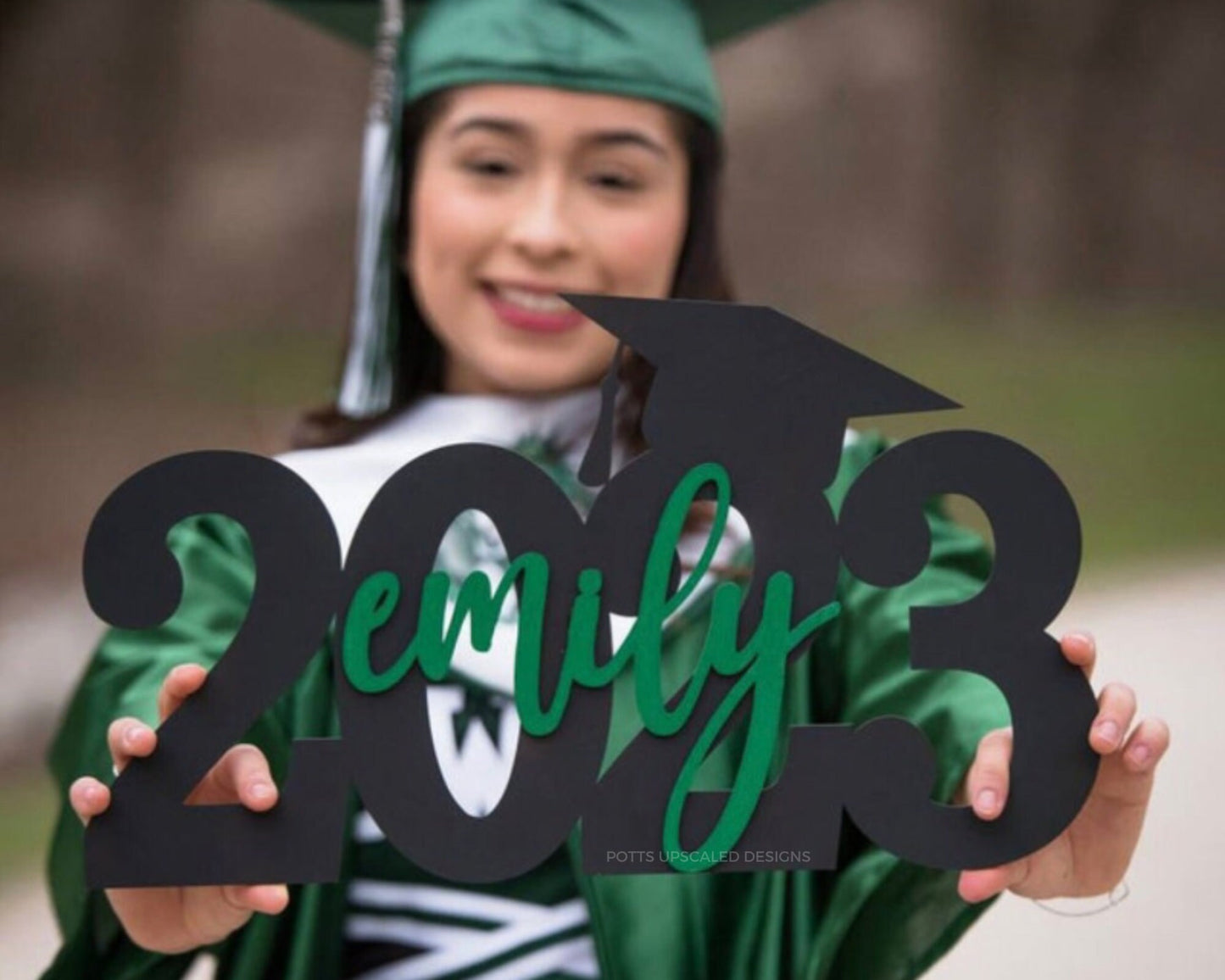 graduation sign in black and green school colors for senior portraits photography prop