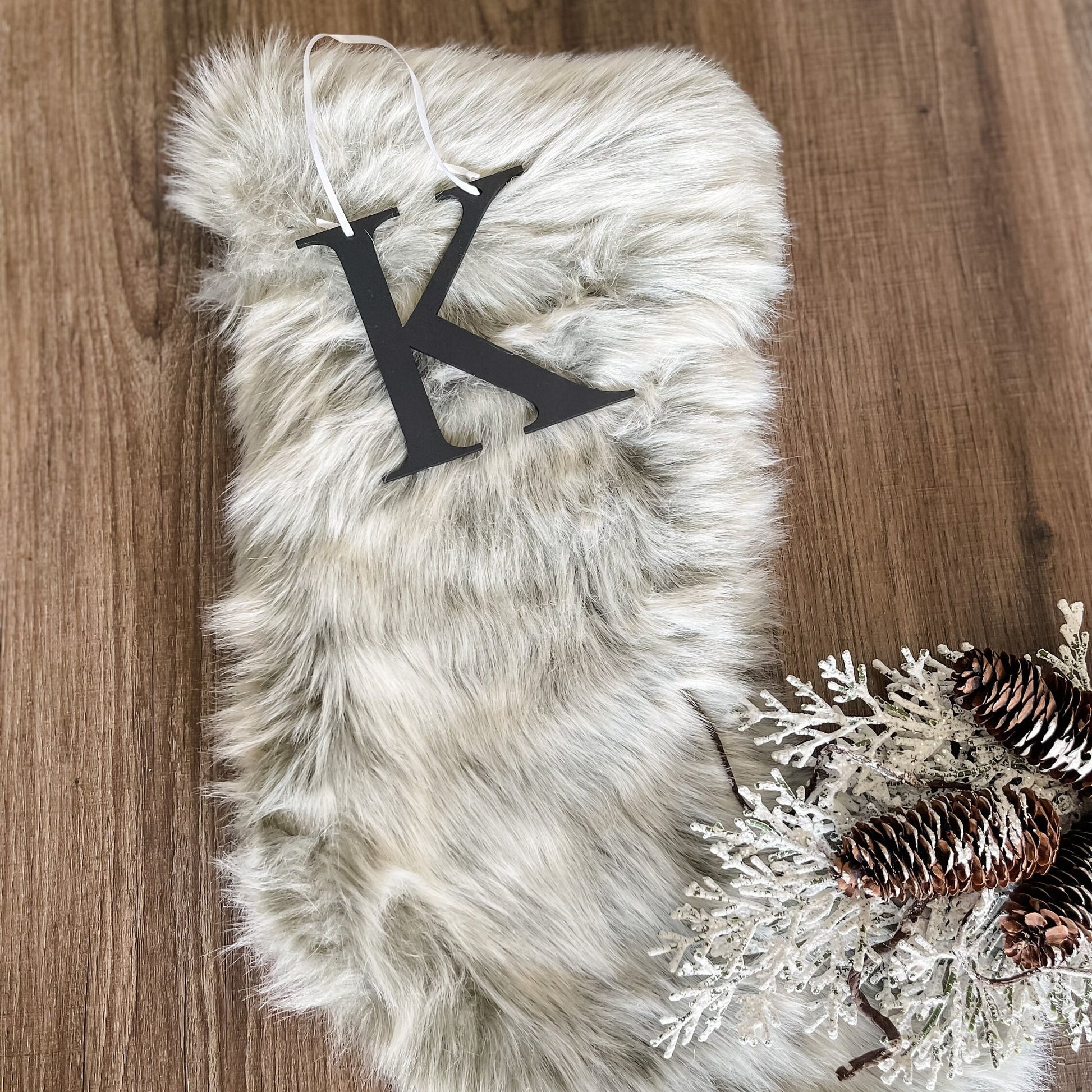 Initial Letter Christmas Stocking Ornament: Choose Serif or Cursive, Wood or Mirror Glitter Acrylic
