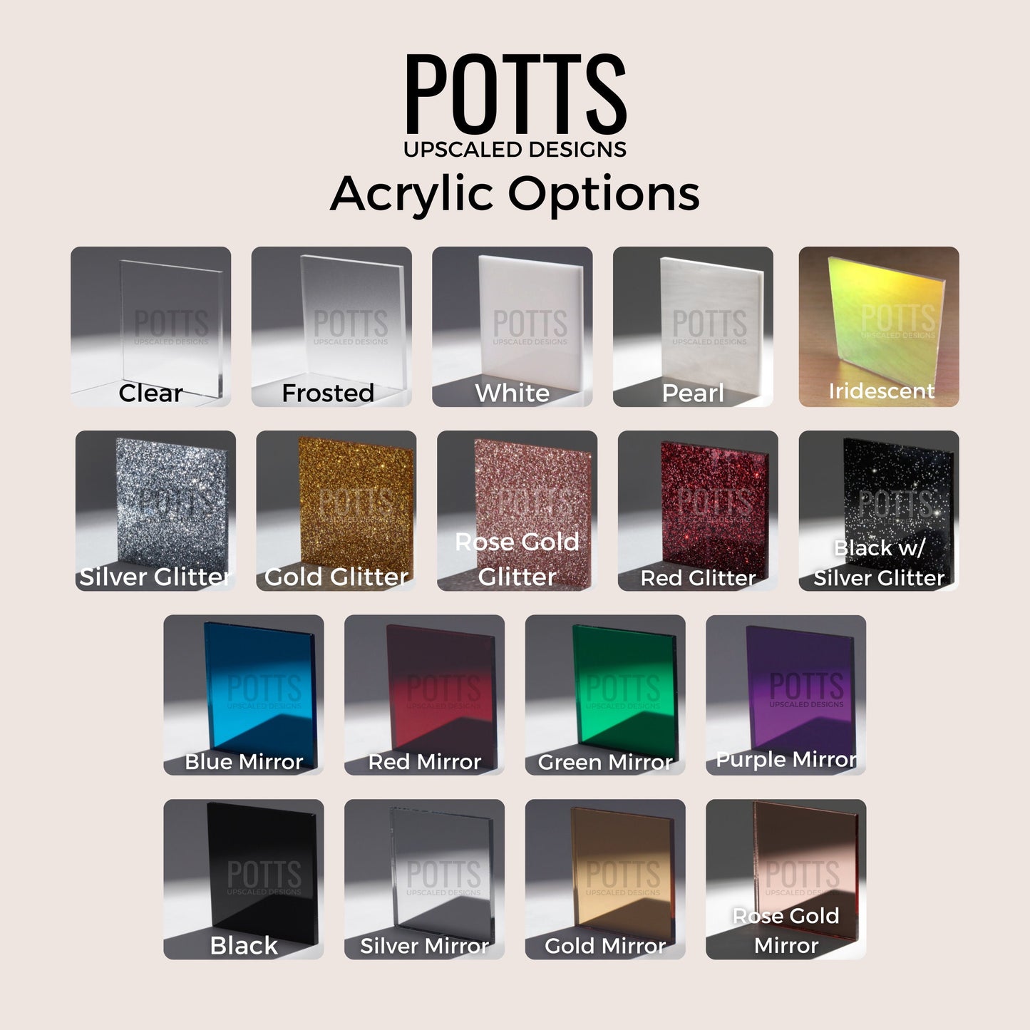 Acrylic color chart for birthday cake toppers clear frosted white iridescent silver gold rose gold red black green purple blue black