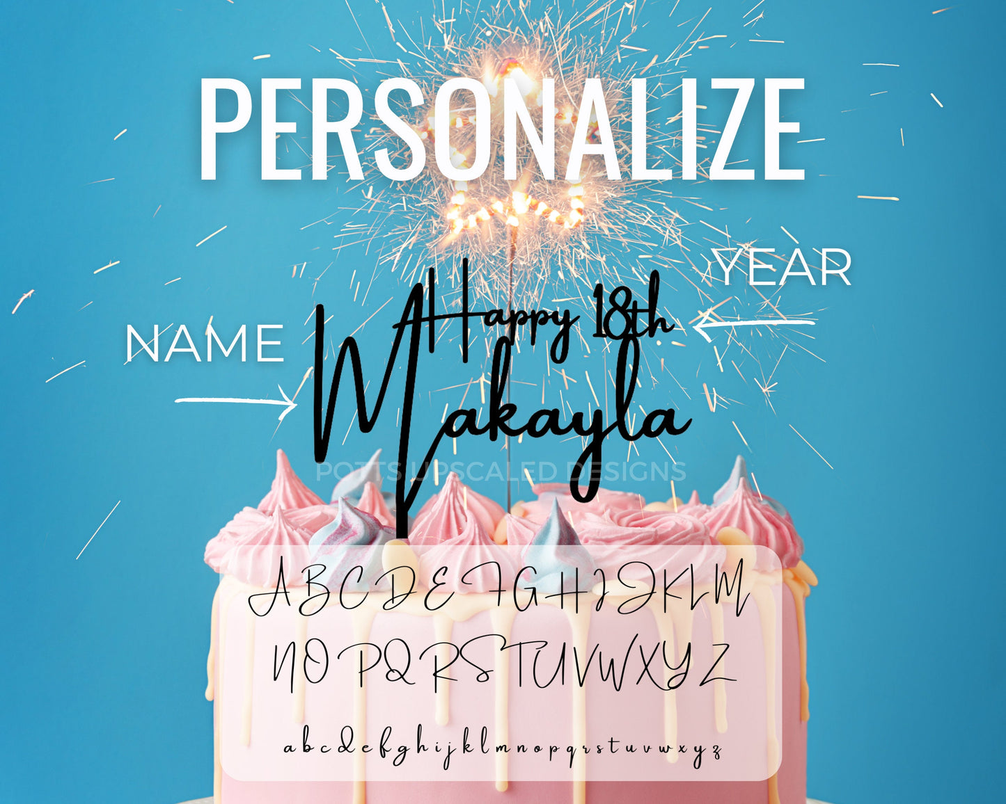 Happy 18th Birthday Cake Topper: Personalize Name and Year, Wood or Acrylic