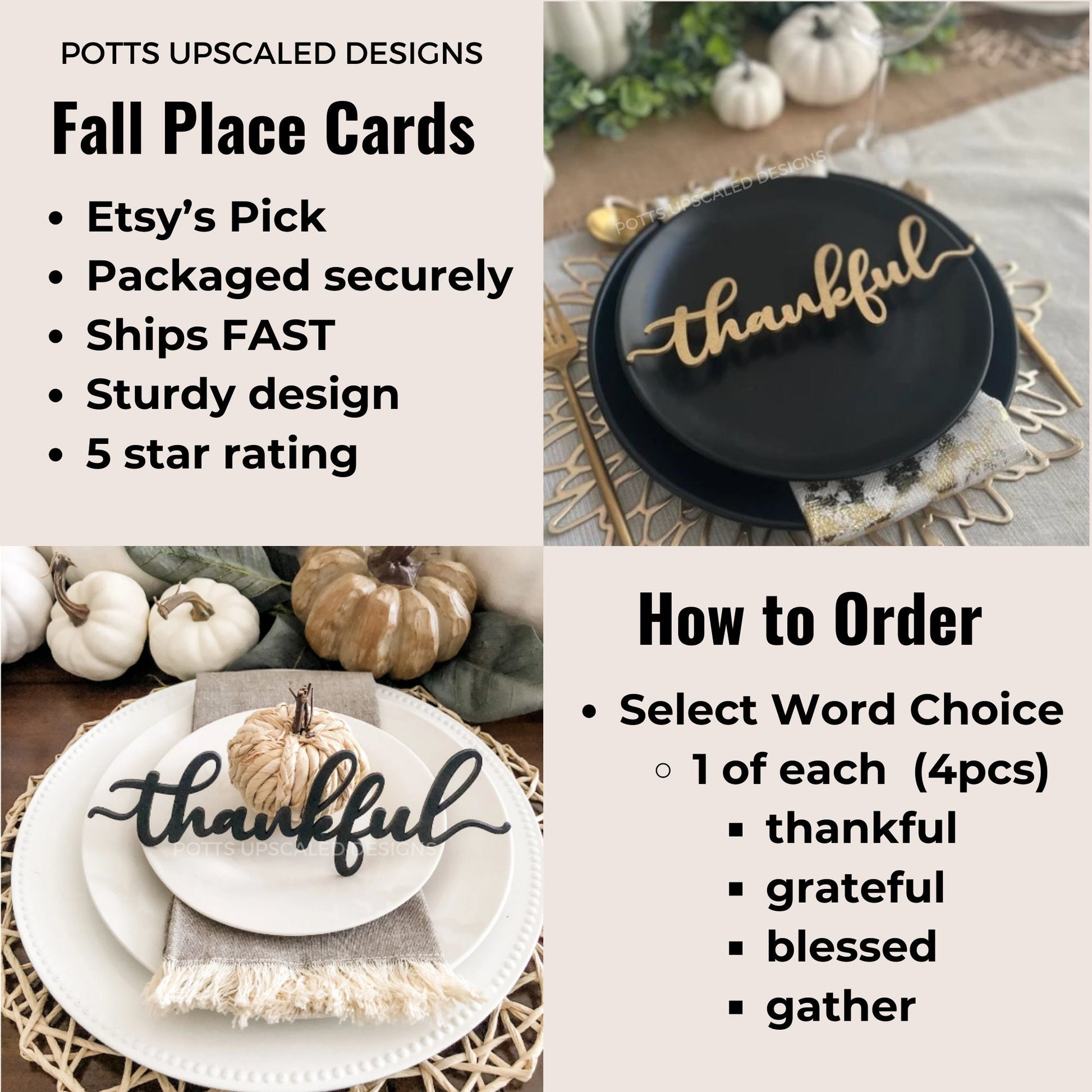 Thankful Place Card for Thanksgiving Table Decor, Set of 4 - Thankful, Blessed, Grateful and Gather