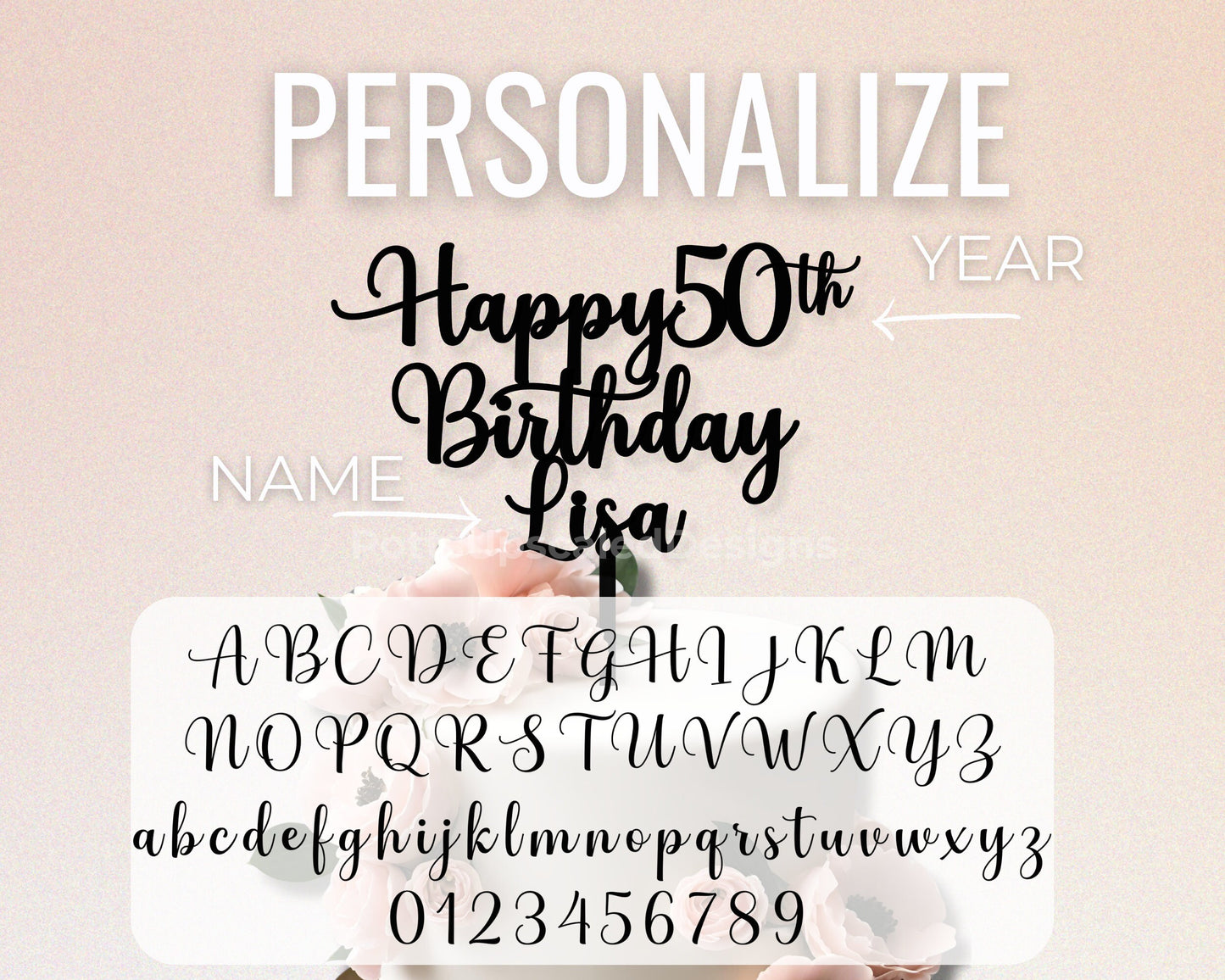 Happy 50th Cake Topper, Personalized Birthday Cake, Custom Name, DIY Cake Decor, Happy 18th 21st 30th 40th 60th, Dessert Table, Acrylic Wood