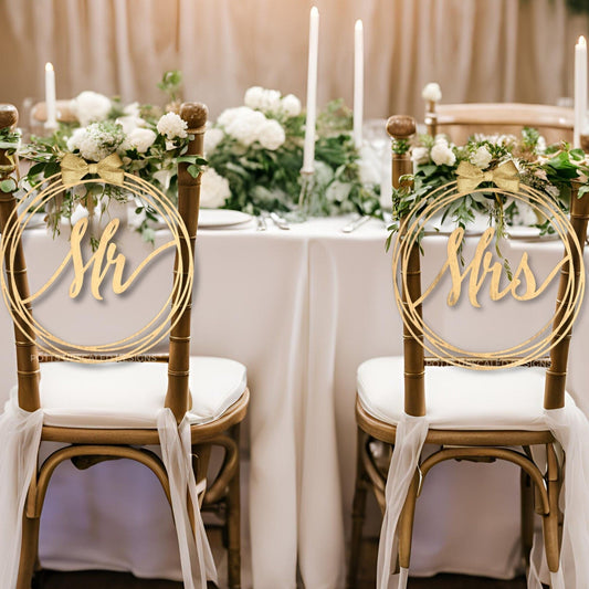 Wedding Chair Signs for the Bride and Groom Head Table - Round Swirl