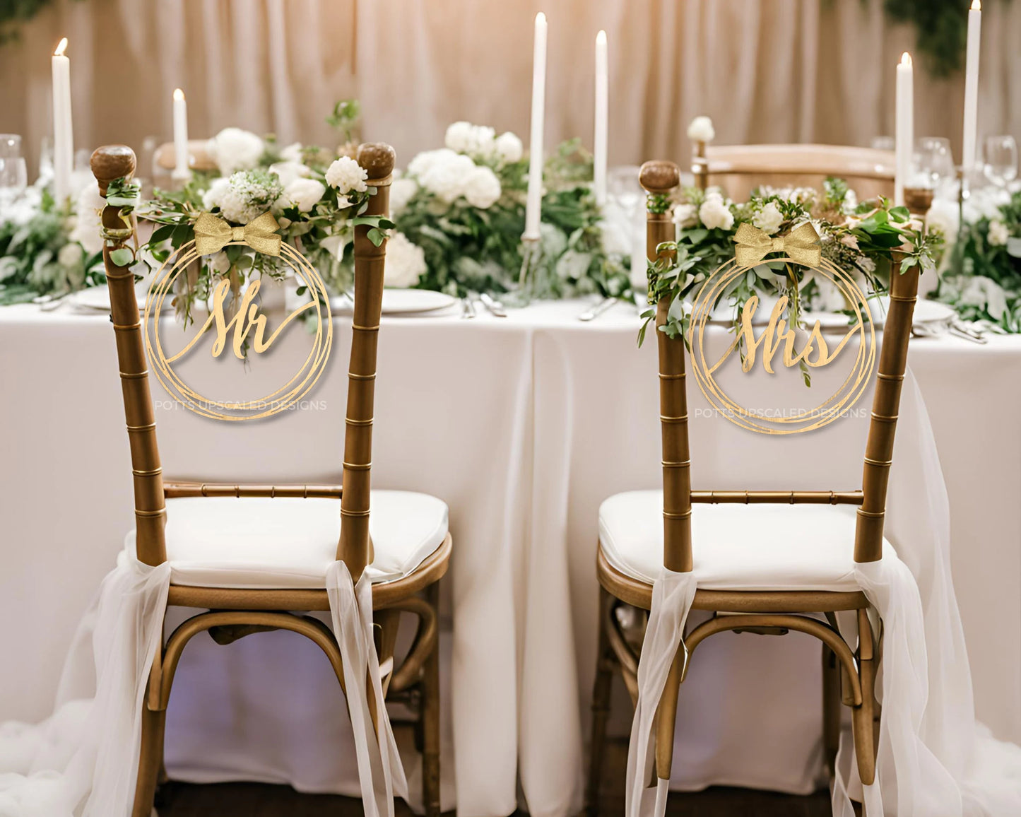 Wedding Chair Signs for the Bride and Groom Head Table - Round Swirl