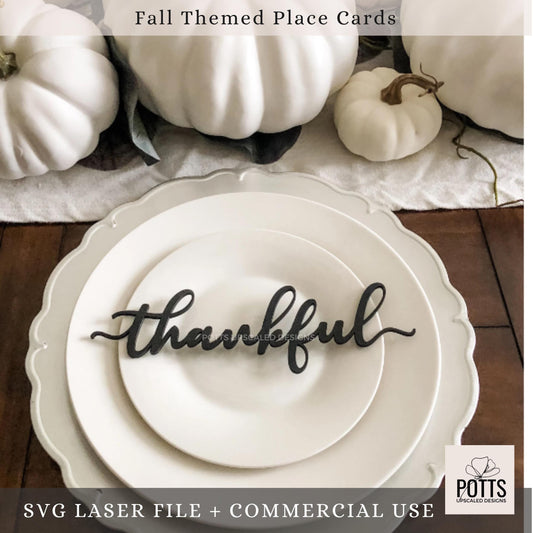 Fall Themed Word Place Cards SVG – Laser Cut File | Digital Download Only, Thankful, Grateful, Blessed and Gather