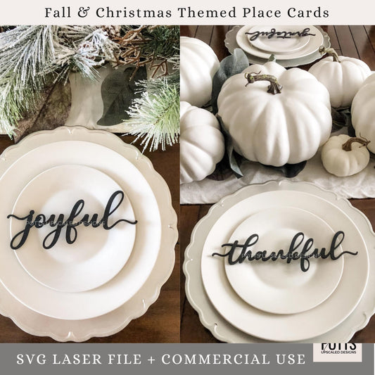 Fall and Christmas Themed Word Place Cards SVG – Laser Cut File | Digital Download Only, Thankful, Grateful, Blessed, Believe, Joyful, Jolly