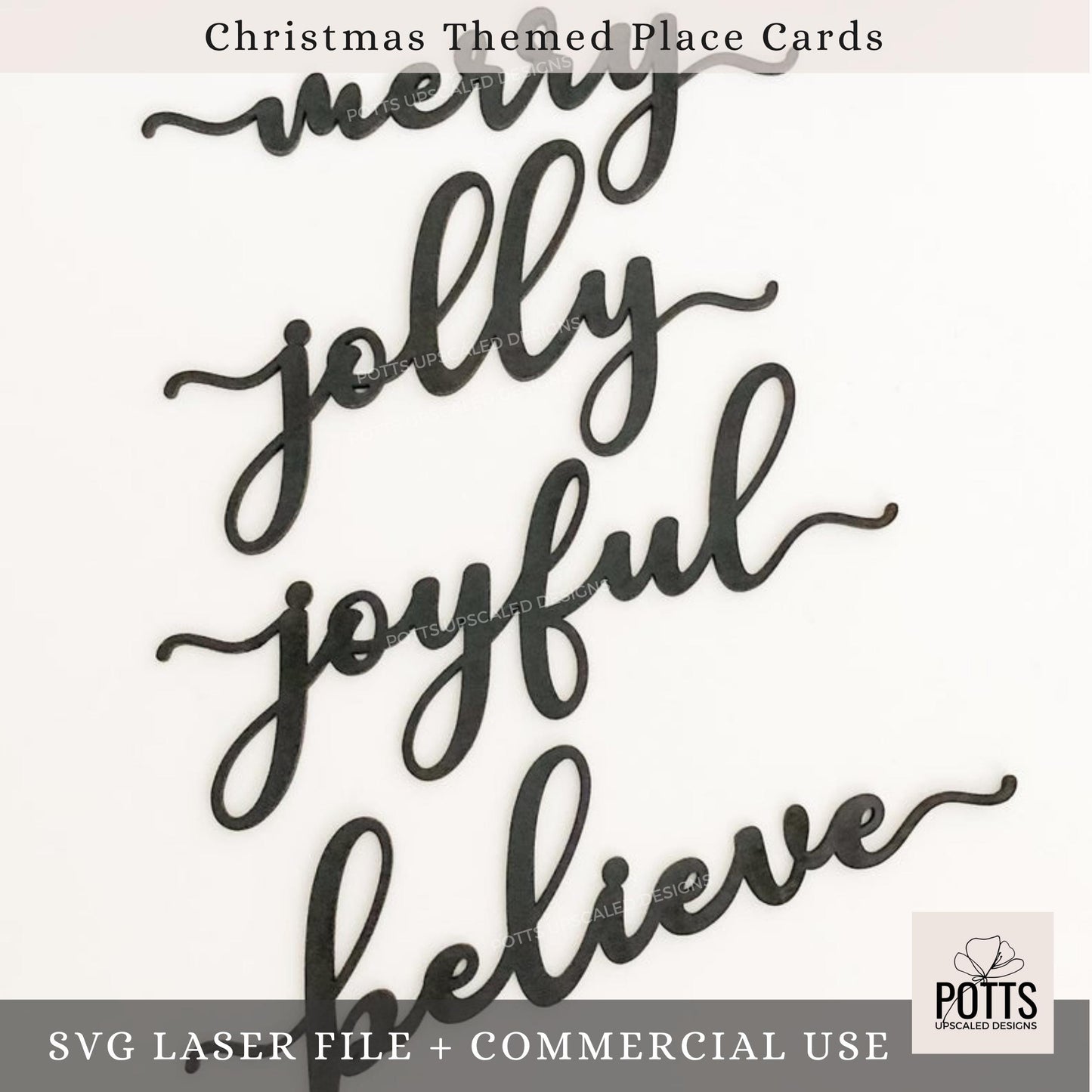 Christmas Themed Word Place Cards SVG ā Laser Cut File | Digital Download Only, Believe, Joyful, Jolly and Merry