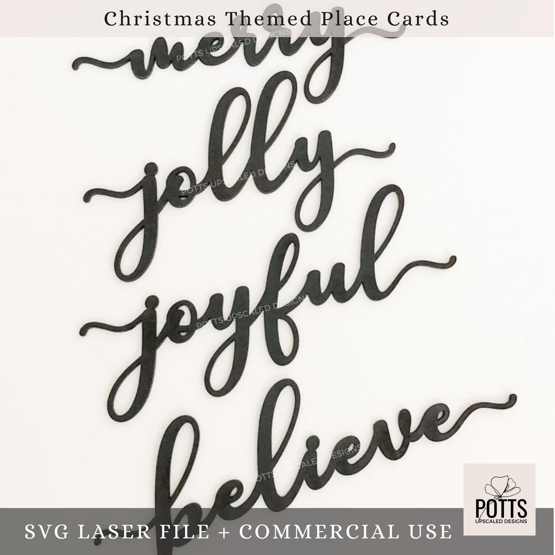 Christmas Themed Word Place Cards SVG ā Laser Cut File | Digital Download Only, Believe, Joyful, Jolly and Merry