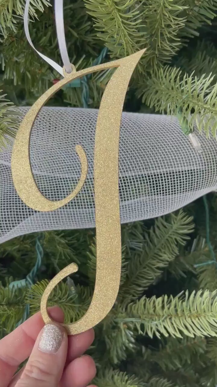 Large 6" Christmas Ornament, Letter Ornament, Gold Glitter, Last Name Initial, Holiday Decor, Silver Sparkle, Stocking Gift Tag, Wood