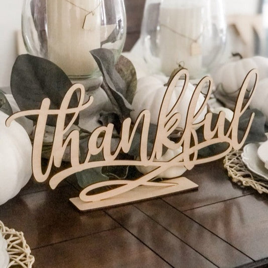 Thankful wooden sign with stand for thanksgiving table decor with white pumpkin and candle centerpiece