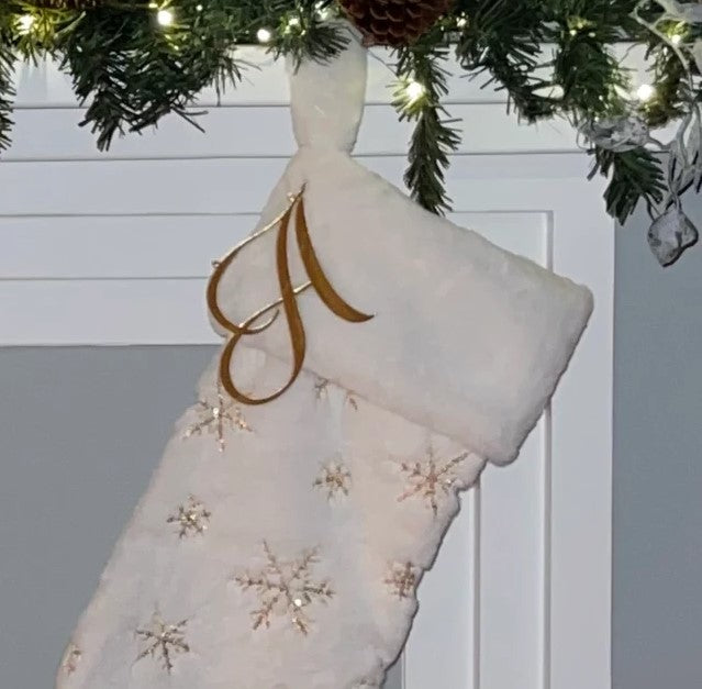 Gold Mirror A letter Christmas Stocking Ornament, White Stocking, Gold Snowflakes, Stocking hung on the mantel