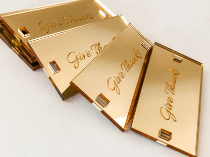 Gold Mirro Acrylic rectangular Napkin Tags with 'Give Thanks' text on a white background