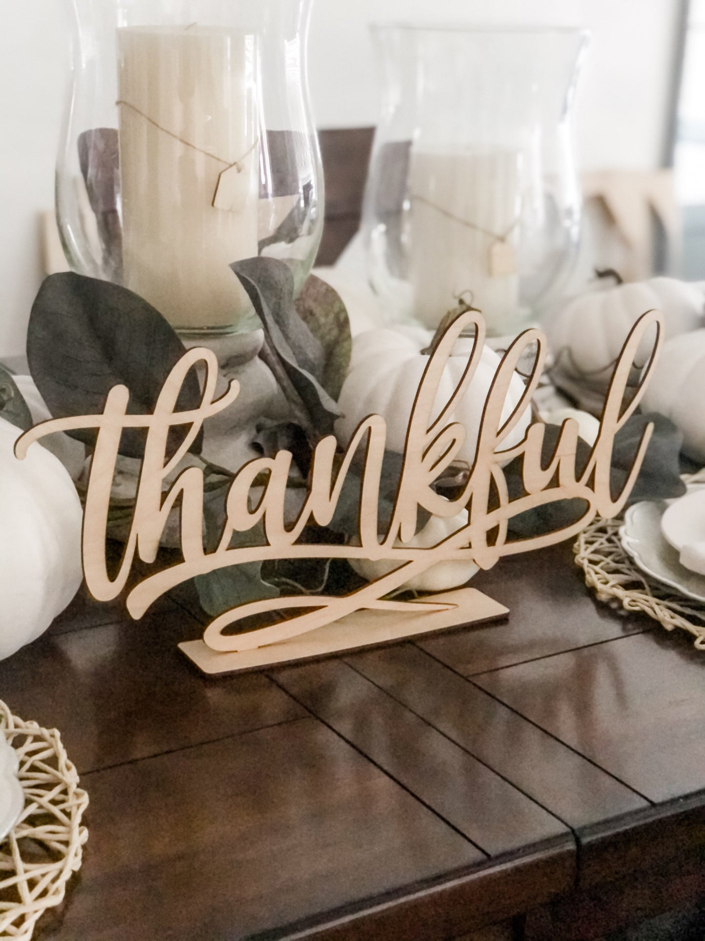 Blessed Sign with Stand, Cursive Word, Fall Table, Friendsgiving Decor, Thanksgiving Signs, Farmhouse Style, Laser Cut Wood Thankful Gather