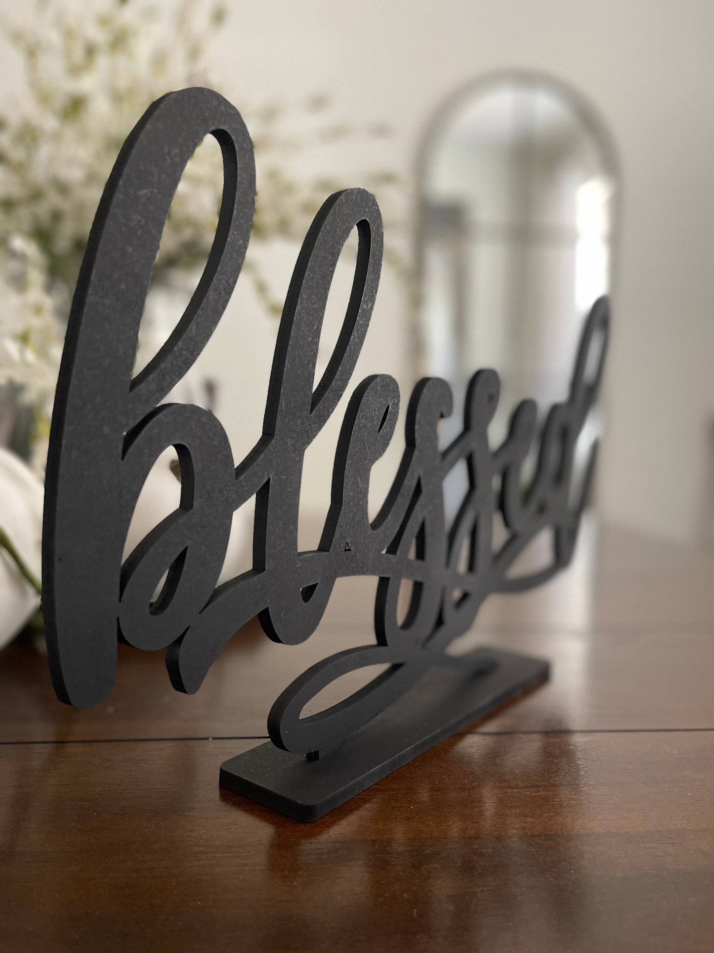 Blessed Sign with Stand, Cursive Word, Fall Table, Friendsgiving Decor, Thanksgiving Signs, Farmhouse Style, Laser Cut Wood Thankful Gather