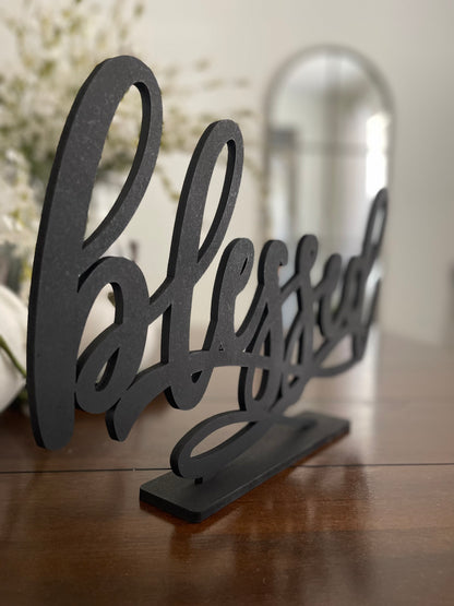 Blessed Sign with Stand, Cursive Word, Fall Table, Friendsgiving Decor, Thanksgiving Signs, Farmhouse Style, Laser Cut Wood Thankful Gather