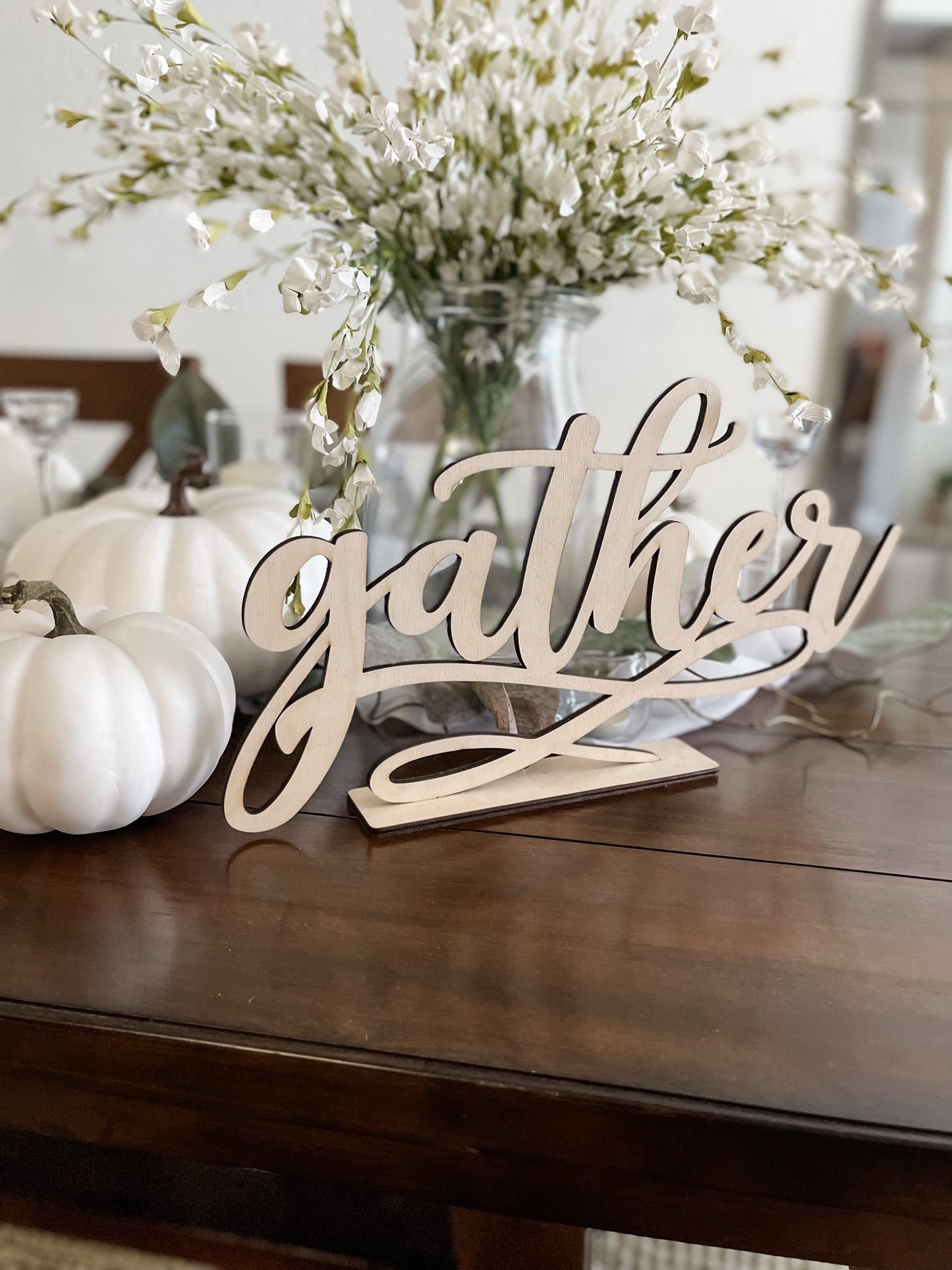 Blessed Sign with Stand, Cursive Word, Fall Table, Friendsgiving Decor, Thanksgiving Signs, Farmhouse Style, Laser Cut Wood Thankful Gather