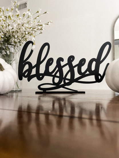 Blessed Sign with Stand, Cursive Word, Fall Table, Friendsgiving Decor, Thanksgiving Signs, Farmhouse Style, Laser Cut Wood Thankful Gather