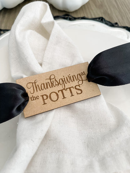 Thanksgiving Napkin Tags, Engraved with your Personalized Name, Fall Table Decor for Dinner Party and Entertaining