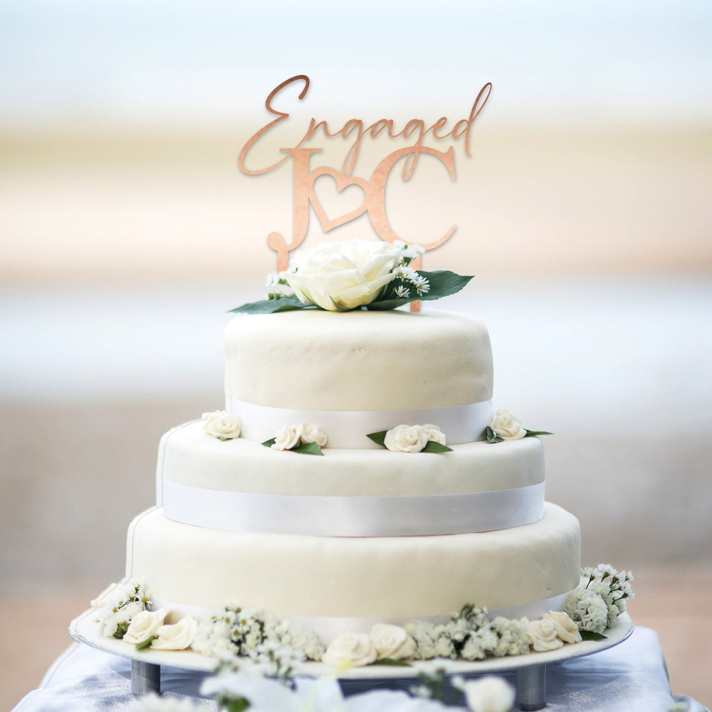 Personalized Engaged Cake Topper, Couple Initials with Heart, Gold Mirror Acrylic, Custom Engagement Party Decor, We're Engaged