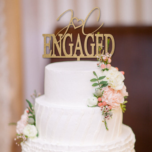Personalized Engaged Cake Topper, Couple Initials with Heart, Gold Mirror Acrylic, Custom Engagement Party Decor, We're Engaged