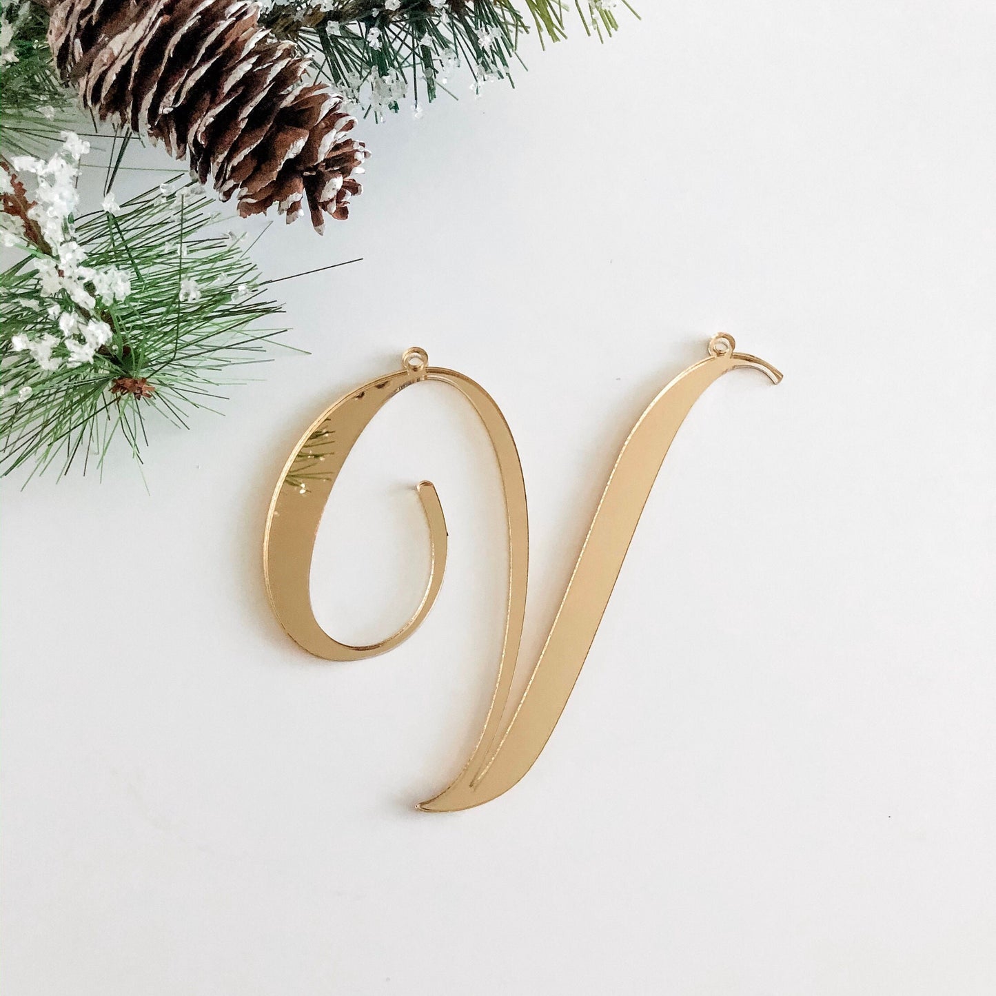 Cursive letter V for Christmas stocking ornament in gold mirror acyrlic
