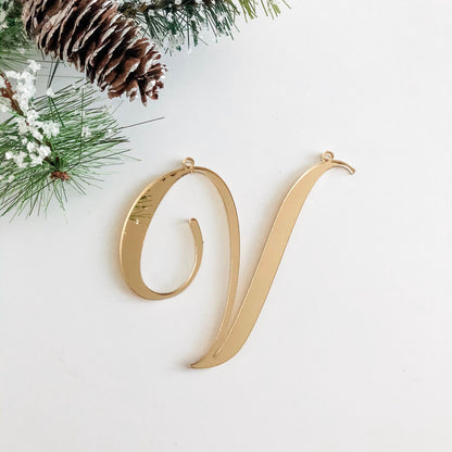 Cursive letter V for Christmas stocking ornament in gold mirror acyrlic