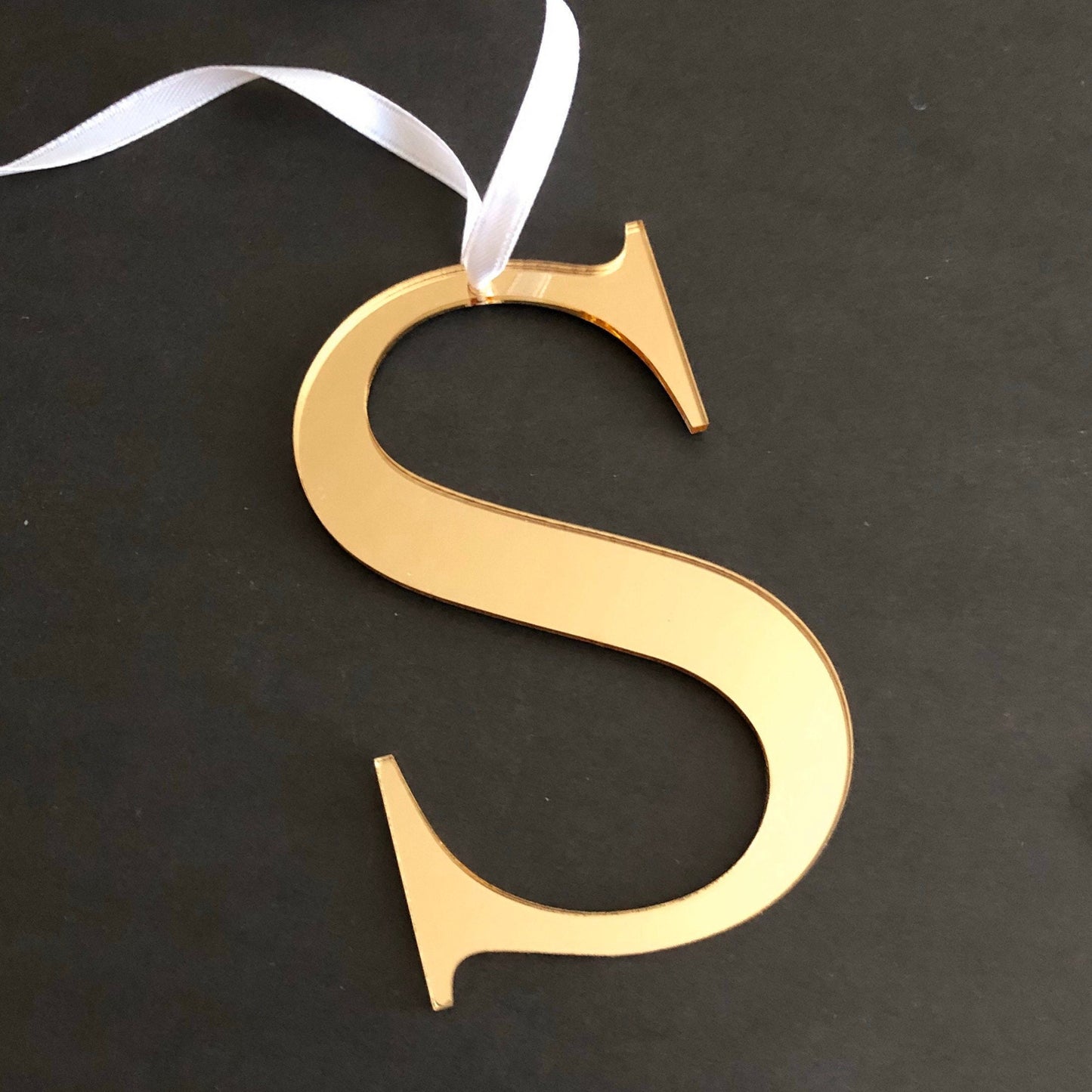 Christmas stocking letter S ornament in gold mirror